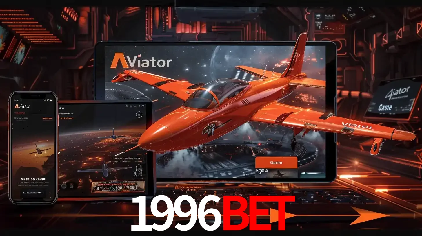 Apresentação tecnológica do jogo Aviator com um avião saindo da tela de um tablet, demonstrando a experiência imersiva em múltiplos dispositivos no 1996BET.