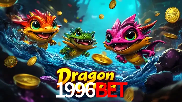 Arte promocional do jogo Dragon Hatch com três adoráveis dragões bebês nadando entre moedas de ouro, um dos slots mais divertidos para jogar no cassino 1996BET.