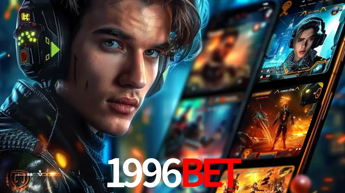 Jovem jogador com fones de ouvido olhando para a câmera, com um aplicativo de jogos e e-sports para celular ao fundo, pronto para a competição e apostas no 1996BET.