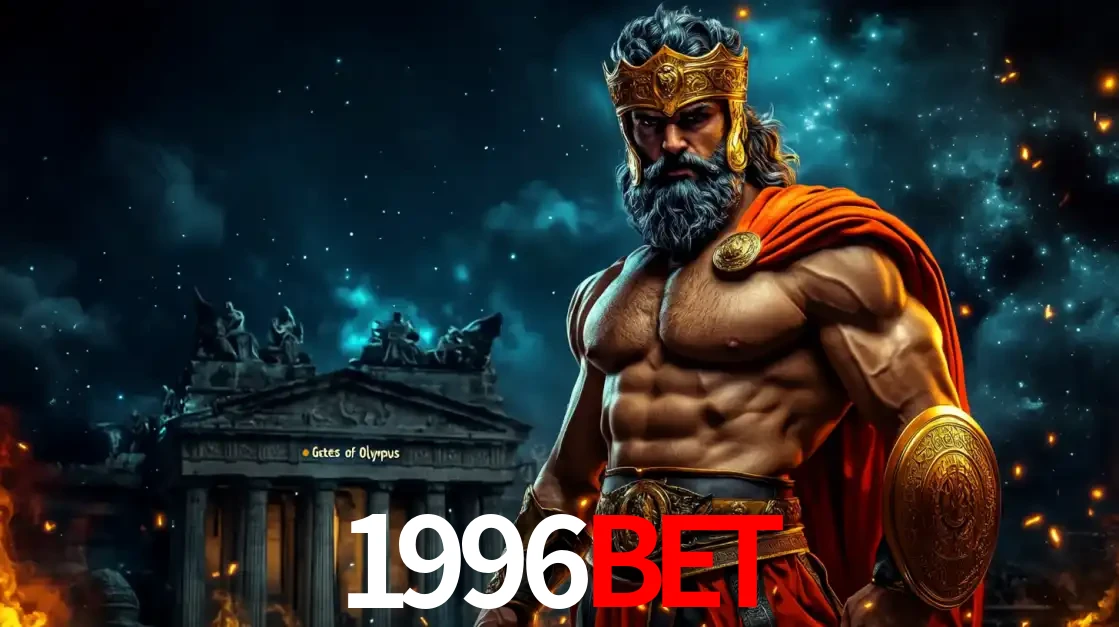 O poderoso Zeus do jogo de slot Gates of Olympus em frente ao seu templo, pronto para lançar multiplicadores divinos e prêmios épicos no cassino online 1996BET.