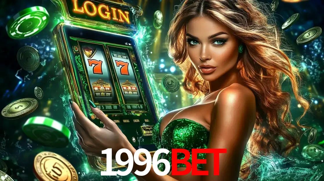 Mulher com tema verde apresentando o aplicativo do cassino 1996BET com um jogo de slot de 777, cercada por fichas de cassino e uma aura de sorte.
