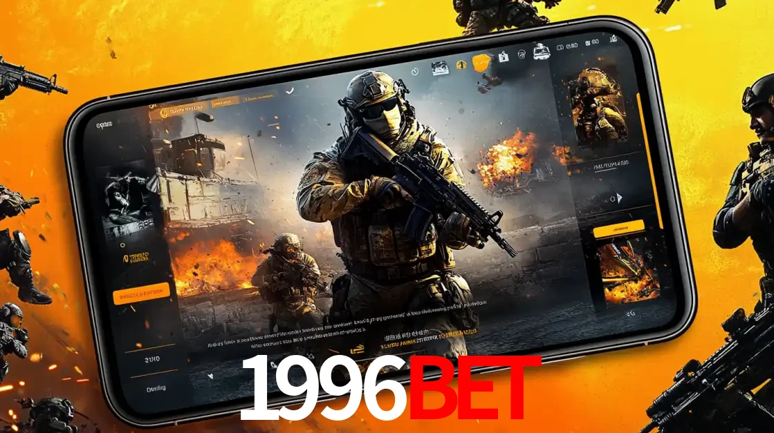 Um smartphone exibindo a interface de um jogo de tiro em primeira pessoa, com um soldado em um cenário de batalha, representando a ação dos e-sports para apostar no 1996BET.