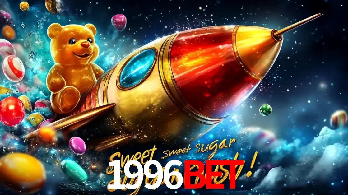 Arte promocional do jogo de slot Sugar Rush, com um urso de pelúcia em um foguete viajando pelo espaço de doces, um dos jogos divertidos disponíveis no cassino 1996BET.