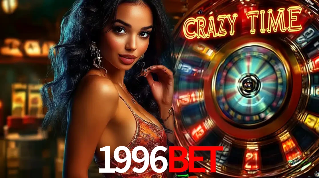 Mulher elegante ao lado da vibrante roda da fortuna do jogo de cassino ao vivo Crazy Time, um dos game shows mais populares e cheios de prêmios do 1996BET.
