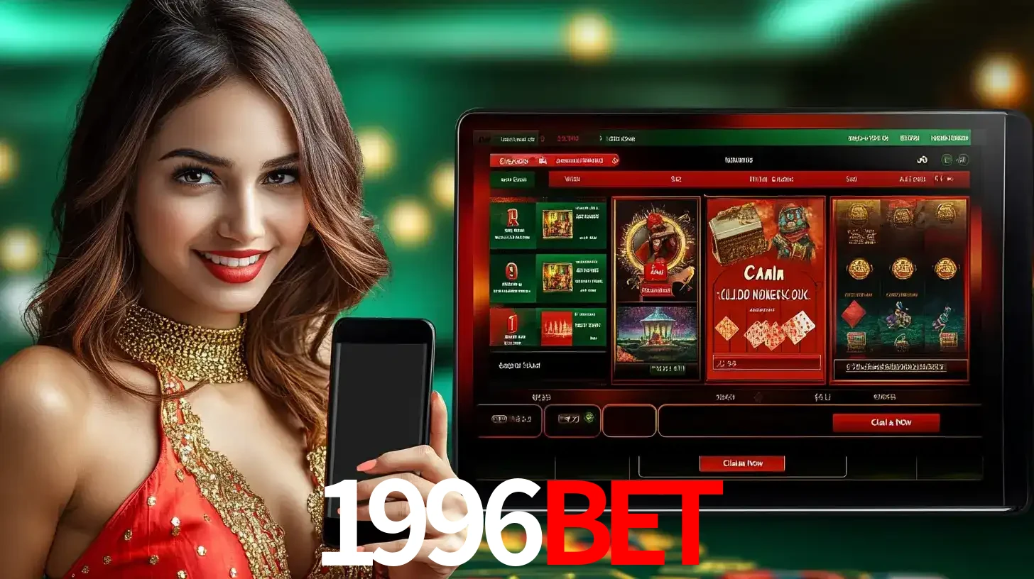Mulher sorridente segurando um smartphone, ao lado de uma tela exibindo o lobby de jogos do cassino online 1996BET, com várias opções de jogos de cartas e slots.